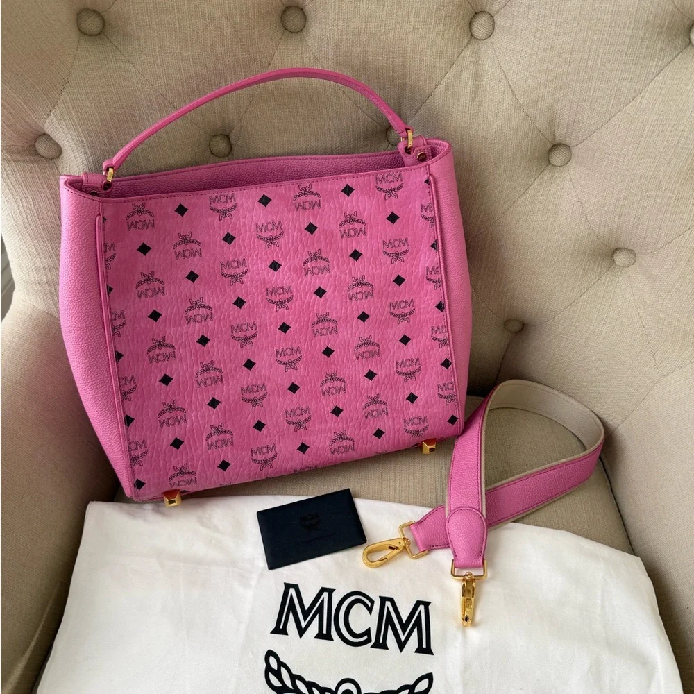 MCM Pink Visetos Structured Top Handle Satchel Like New - Picture 12 of 14